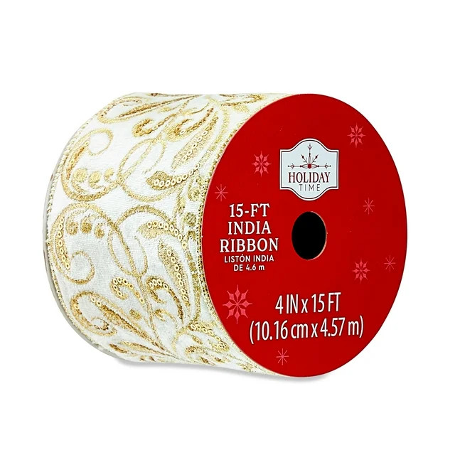 Cream Velvet Embroidery Christmas Ribbon, 4" x 15', by Holiday Time | Walmart (US)