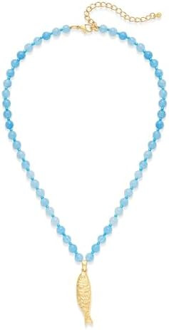 Fish Necklace for Women Shell Fish Pendant Gold Charm Necklace 14K Gold Plated Blue Beaded Neckla... | Amazon (US)