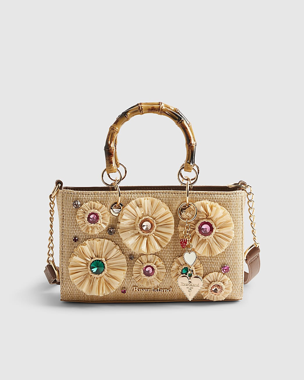 Beige Raffia Gem Flower Tote Bag | River Island UK & IE