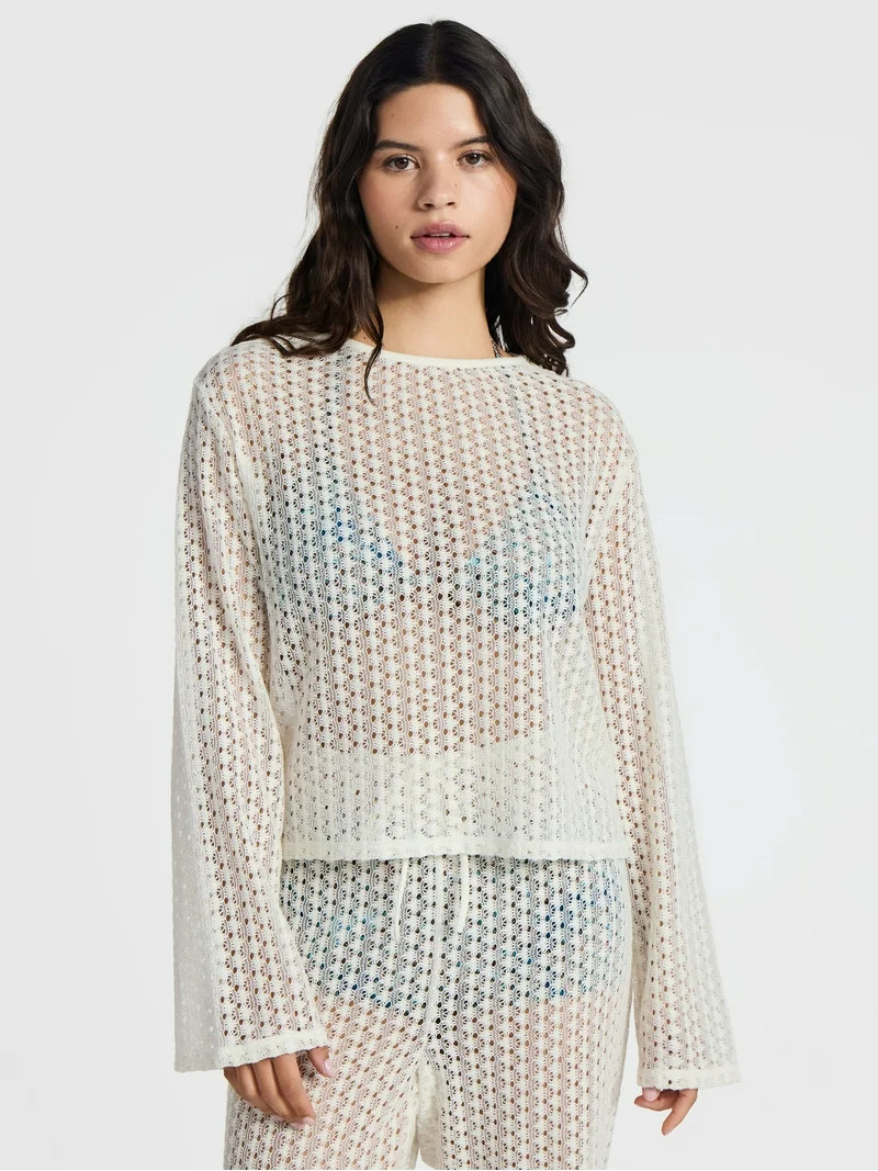 No Boundaries High-Low Crochet Swim Coverup with Long Sleeves, Women's | Walmart (US)