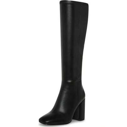 Women's Faux Leather Tall Boots Fashion Square Toe Chunky Heel Knee High Boots With Side Zipper Over The Knee Boots | SHEIN