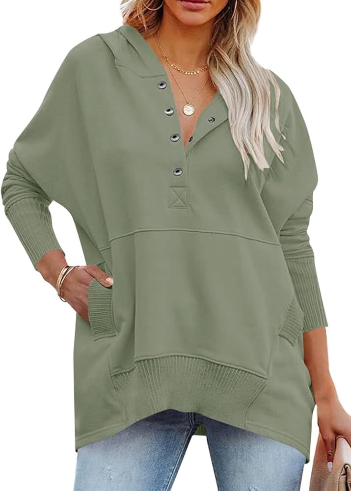 MAVIS LAVEN Womens Casual Hoodies Long Sleeve Button Hooded Sweatshirt V Neck Pullover Tops with ... | Amazon (US)