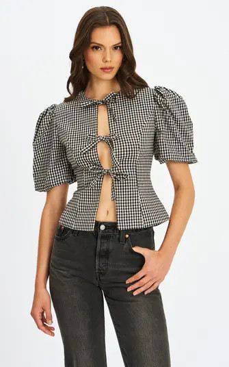 Miss Circle Qusayla Bow Tie Front Gingham Puff Sleeve Top | Nordstrom | Nordstrom