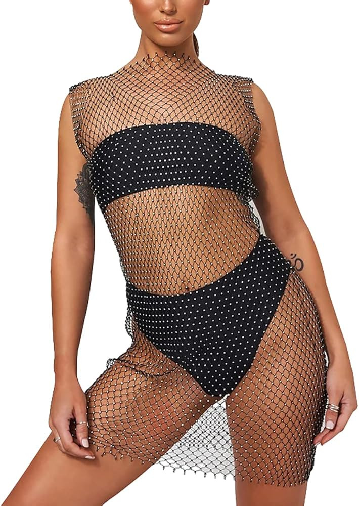 Women’s Mesh See through Swimsuit Cover Up Rhinestone Fishnet Skirts Beach Wrap Bikini Hollow O... | Amazon (US)