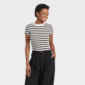 Women's Short Sleeve Ribbed T-Shirt - A New Day™ Cream Striped M | Target