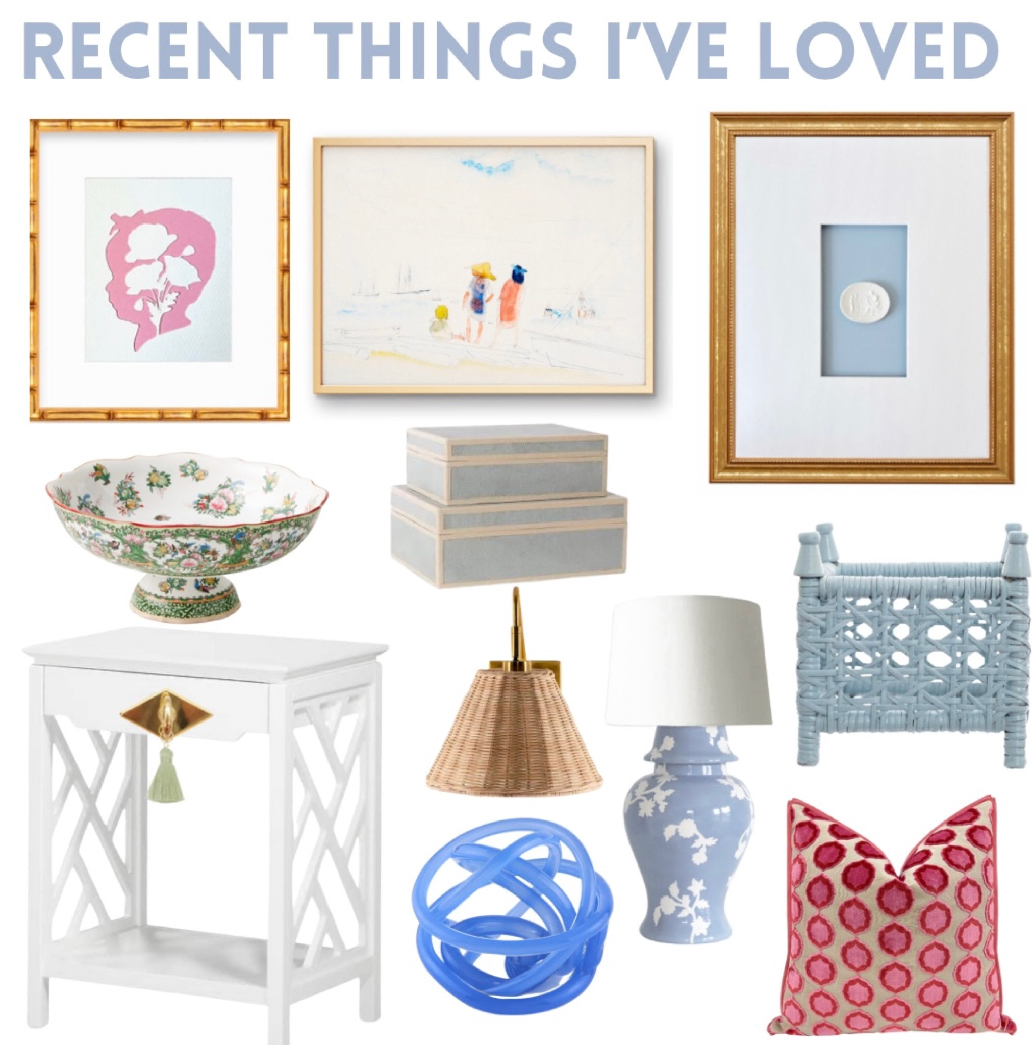 Hand cut silhouette // gold bamboo frame // beach art print // custom intaglio // rose medallion fruit bowl // decorative box // wicker planter // rattan // Chinese Chippendale // bedside tables // drawer pull // Lauren Haskell Designs // Target // glass knot // rattan wall sconce // ginger jar lamp // pink throw pillow // preppy // grandmillennial // chinoiserie // gifts for mom // gifts for her // budget friendly 

#LTKGiftGuide #LTKFind #LTKhome