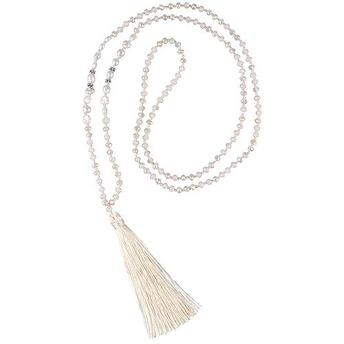 C·QUAN CHI Long Chain Tassel Necklace Handmade Natural Pearl Crystal Beaded Pendant Bohemian Wom... | Amazon (US)
