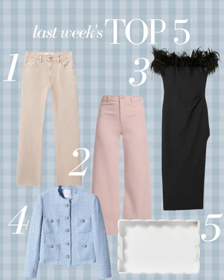 Last weeks top 5 best sellers! The Mango culotte jeans that are so flattering, the perfect shade of blush in my favorite Dillard’s pants, a wedding guest dress to be a sure show stopper, a fabulous work wear lady jacket and a scalloped tray to adorn your home!

#LTKwedding #LTKworkwear #LTKunder100