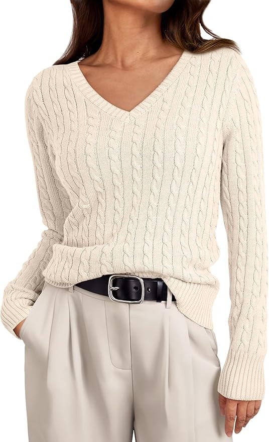 LILLUSORY Women's Cable Knit V Neck Lightweight Soft Pullover Sweaters | Amazon (US)