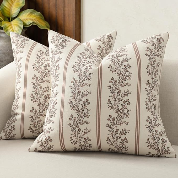 Vintage Throw Pillow Covers 20x20 Set of 2, Striped Floral Pillow Cover Botanical Patterned Decor... | Amazon (US)