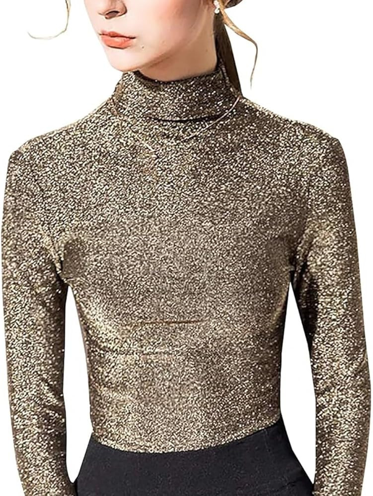 Women's Slim Fit Long Sleeve Sequin Turtleneck Sparkle Tee Glitter Blouse Tops | Amazon (US)