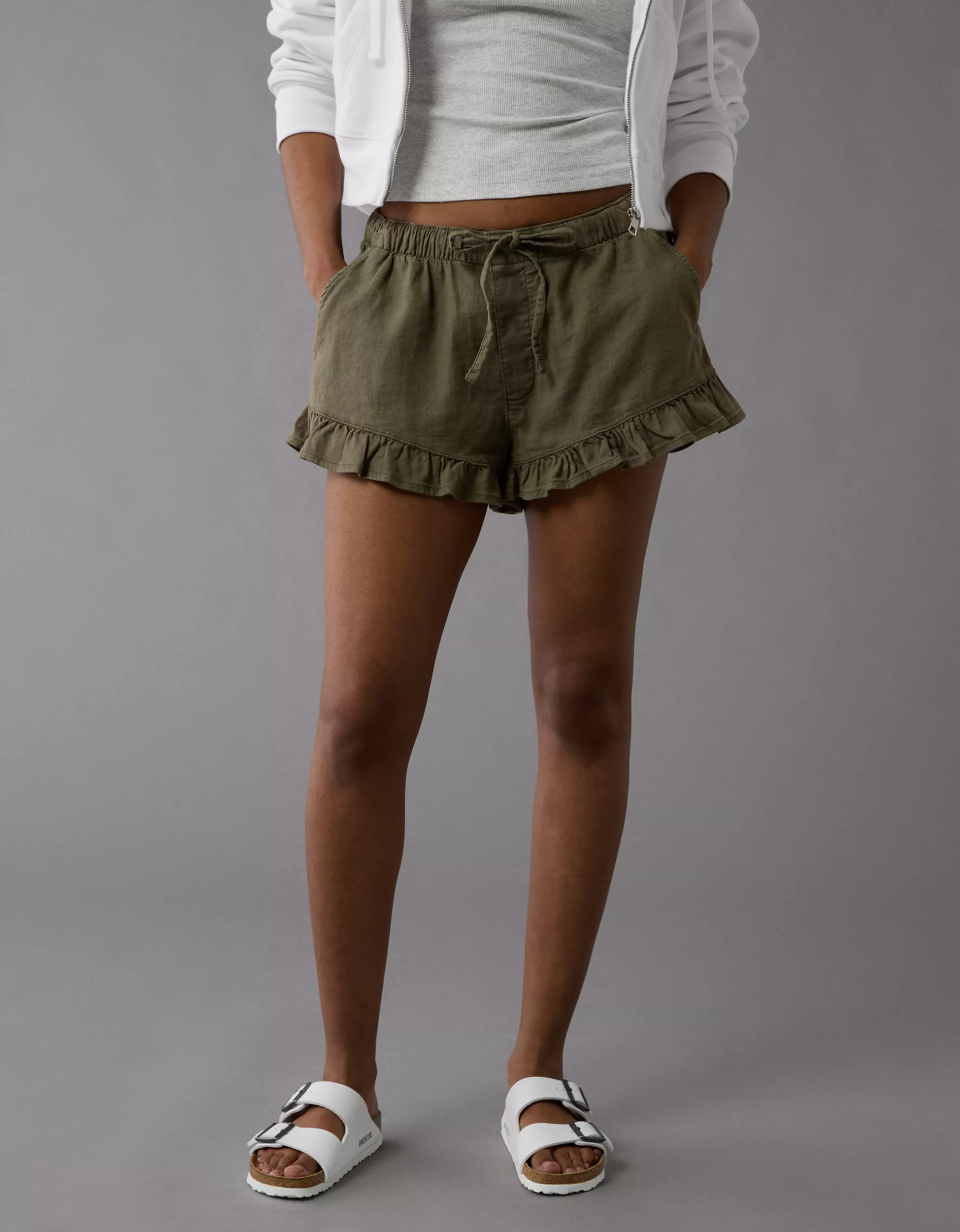 AE Stretch Linen-Blend Ruffle Short | American Eagle Outfitters (US & CA)