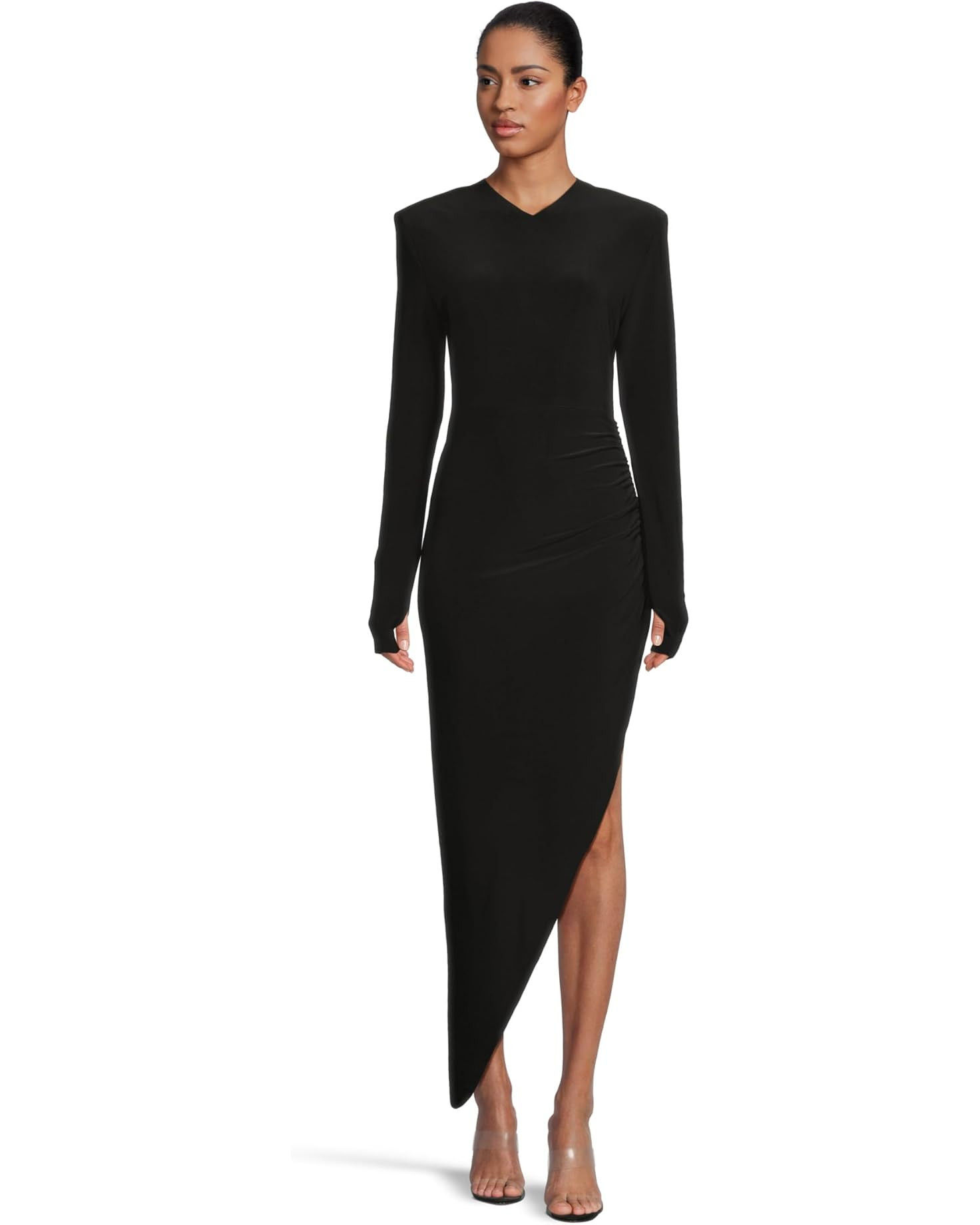 Long Sleeve Shoulder Pad V-Neck Side Drape Gown | Zappos