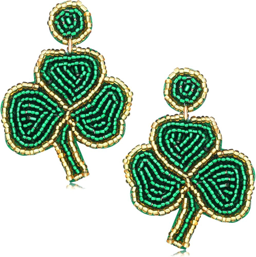 St Patricks Day Earrings Dangling Beaded Green Shamrock Earrings Handmade Lucky Clover Beer Glass... | Amazon (US)