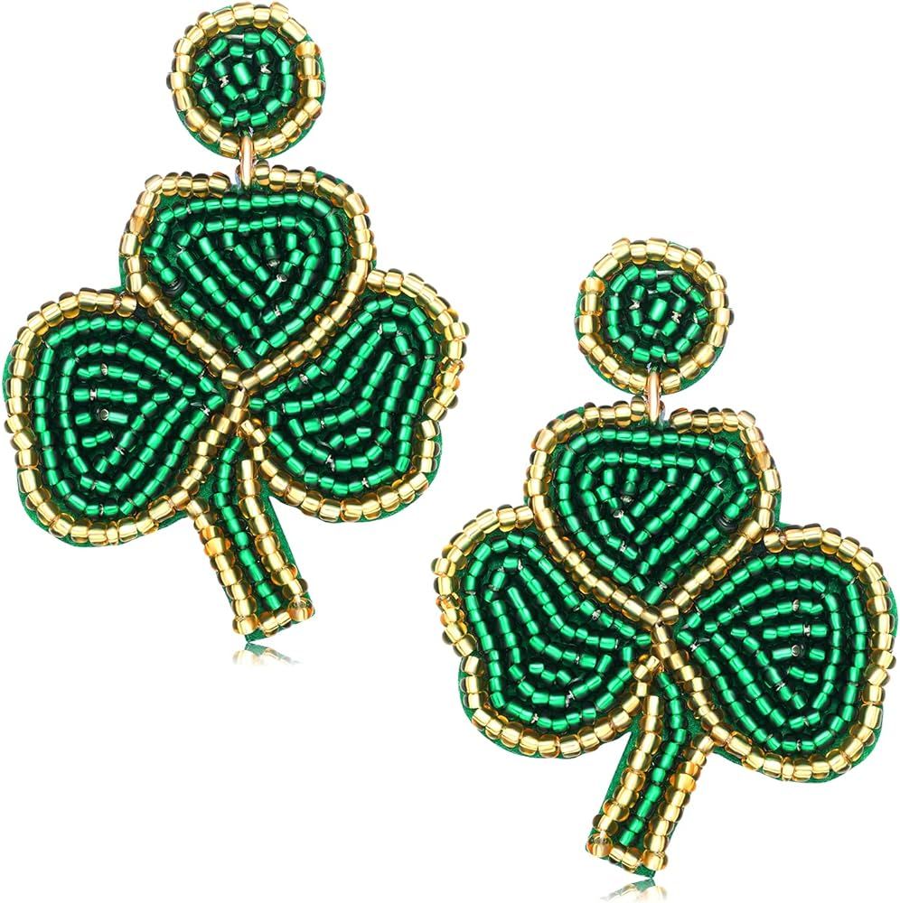 St Patricks Day Earrings Dangling Beaded Green Shamrock Earrings Handmade Lucky Clover Beer Glass... | Amazon (US)