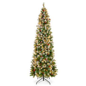 Pre-Lit Partially Flocked Spruce Pencil Tree w/ Berries, Pine Cones | Best Choice Products 