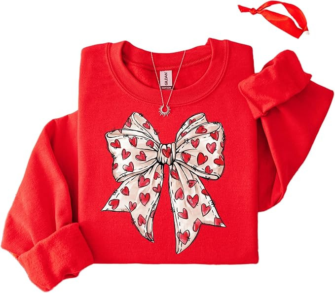 Valentine’s Day Heart Bow Sweatshirt for Women – Cute Love Ribbon Graphic Pullover, Cozy Roma... | Amazon (US)