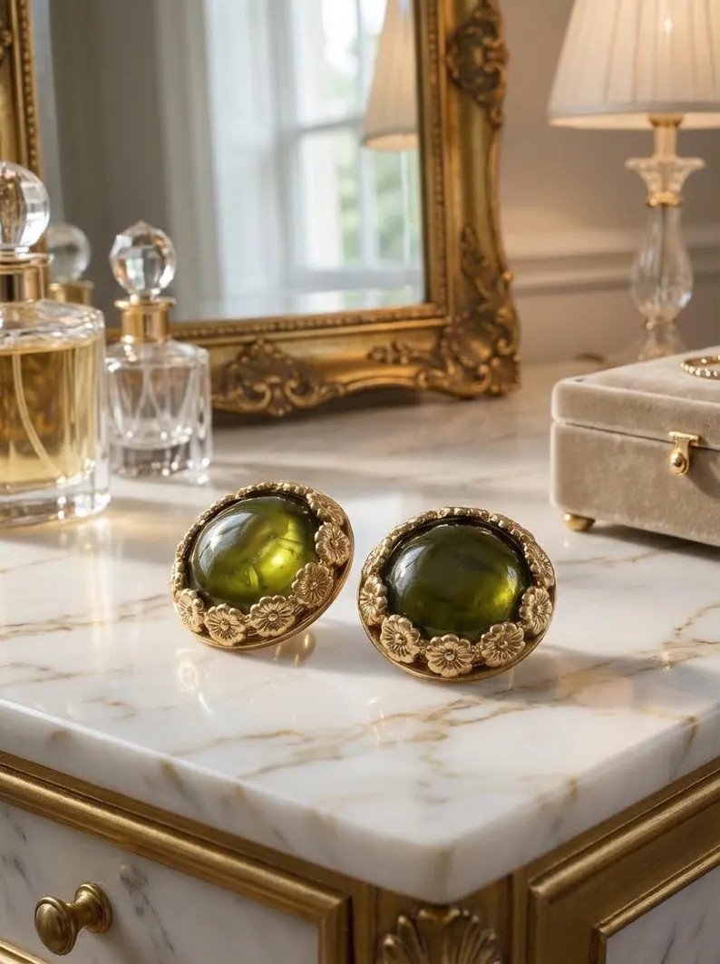 Olive Green Gemstone Earrings, Floral Carved Gold, Vintage Style | Etsy (US)