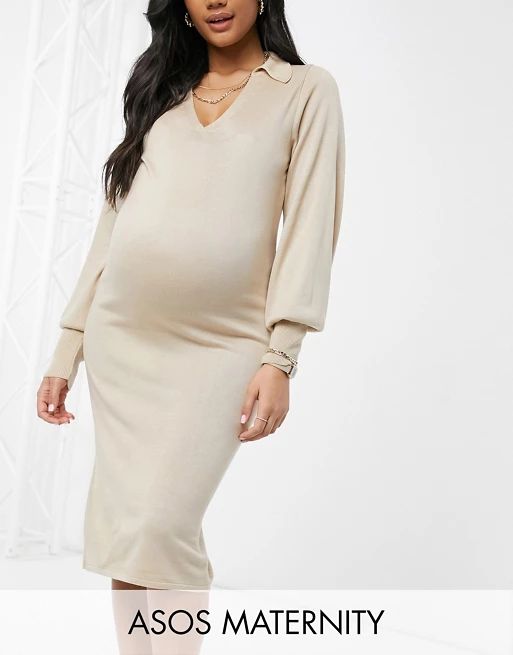 ASOS DESIGN Maternity midi dress with open collar detail in taupe | ASOS (Global)