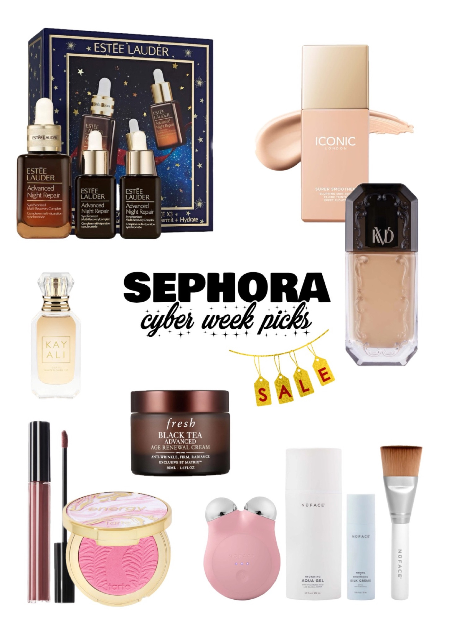 my sephora usa cyber week sales picks! featuring the iconic london skin tint, kvd good apple serum foundation, nuface mini kit, kayali deja vu white flower & more ☺️. i own all of the products and would highly recommend them ☺️ 

#LTKCyberWeek #LTKsalealert #LTKGiftGuide