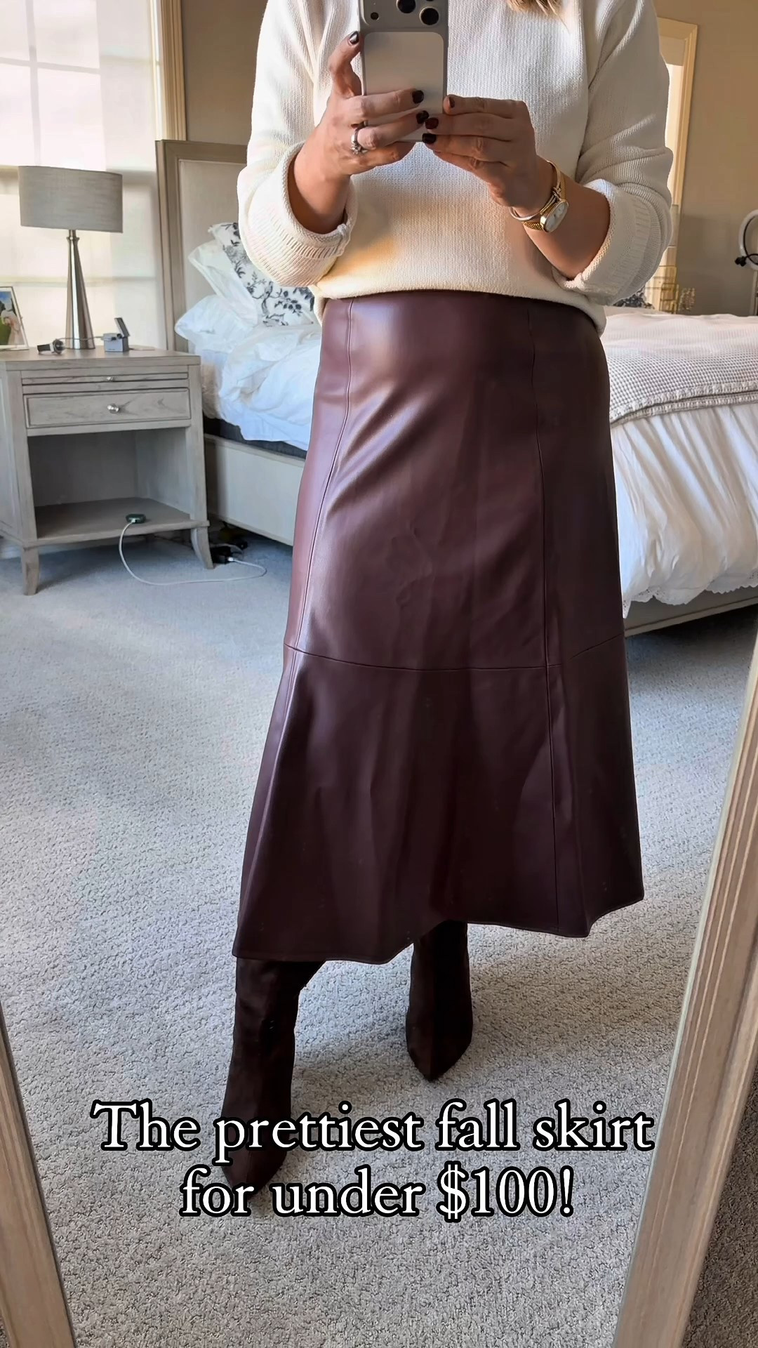 Gorgeous faux leather midi skirt. I suggest a size up! This would be a great dressy Thanksgiving outfit! Boots fit tts, similar sweaters linked. 

Fall outfits, faux leather skirt, Thanksgiving, midi skirt, suede boots, knee high boots, tall boots 

#LTKFindsUnder100 #LTKPetite