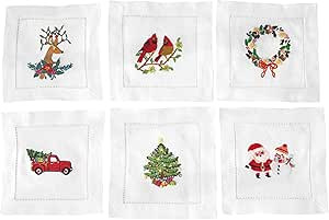 HCRAFT Embroidered White Cocktail Napkins 6"x6" Set of 6 Cloth Napkin Coasters, Christmas Embroid... | Amazon (US)