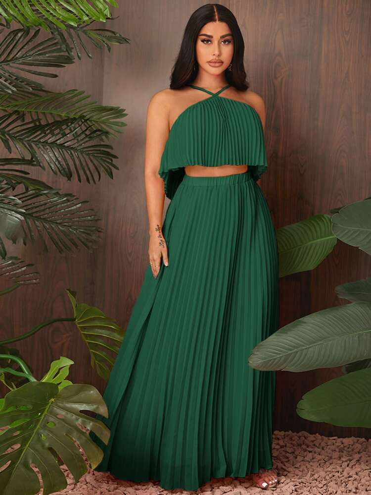 SHEIN SXY Solid Pleated Halter Top & Skirt | SHEIN