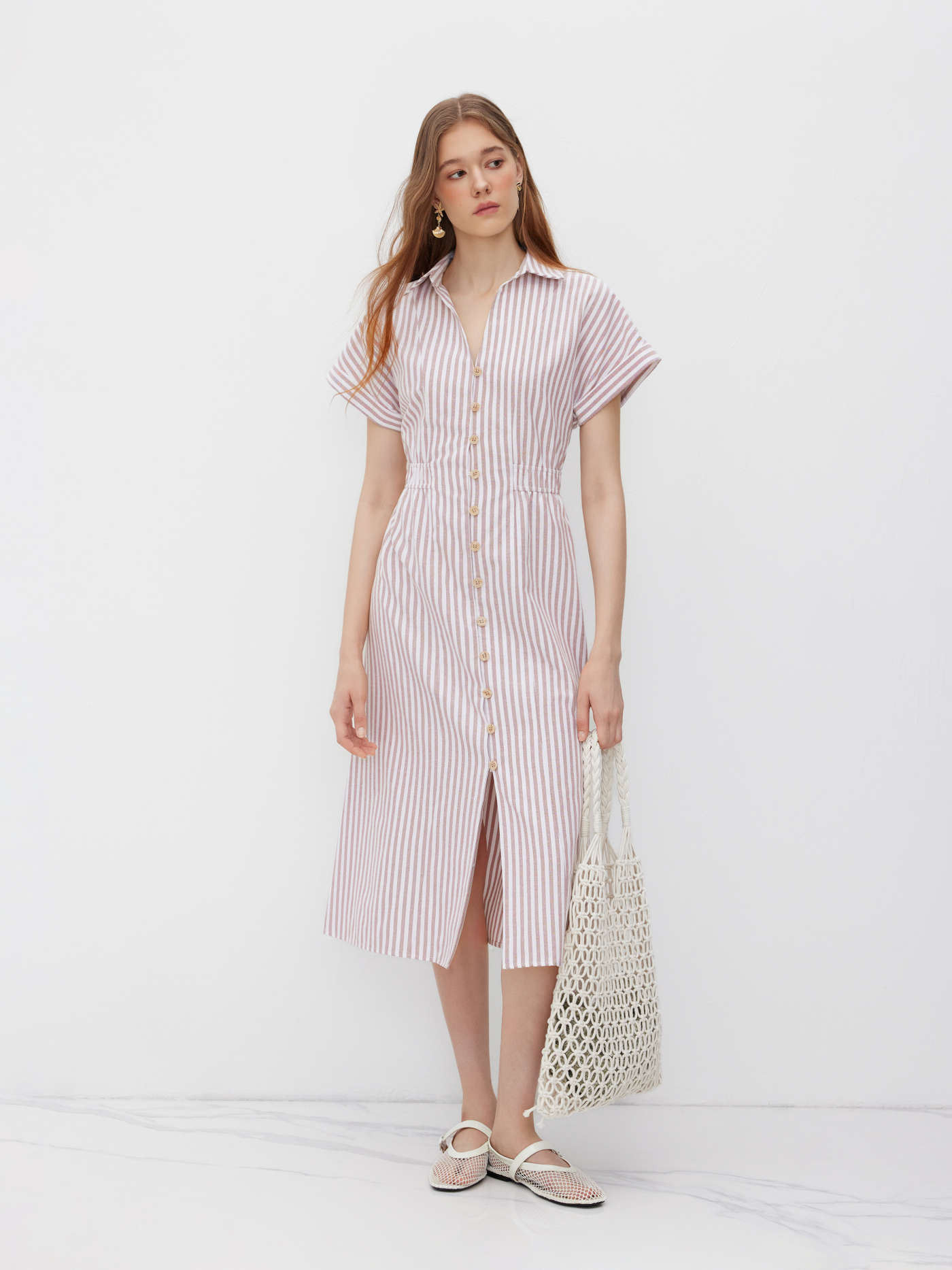 Woven Cotton-blend V-neck Stripe Button Through Elastic Waist Shirt Midi Dress For Work | Cider