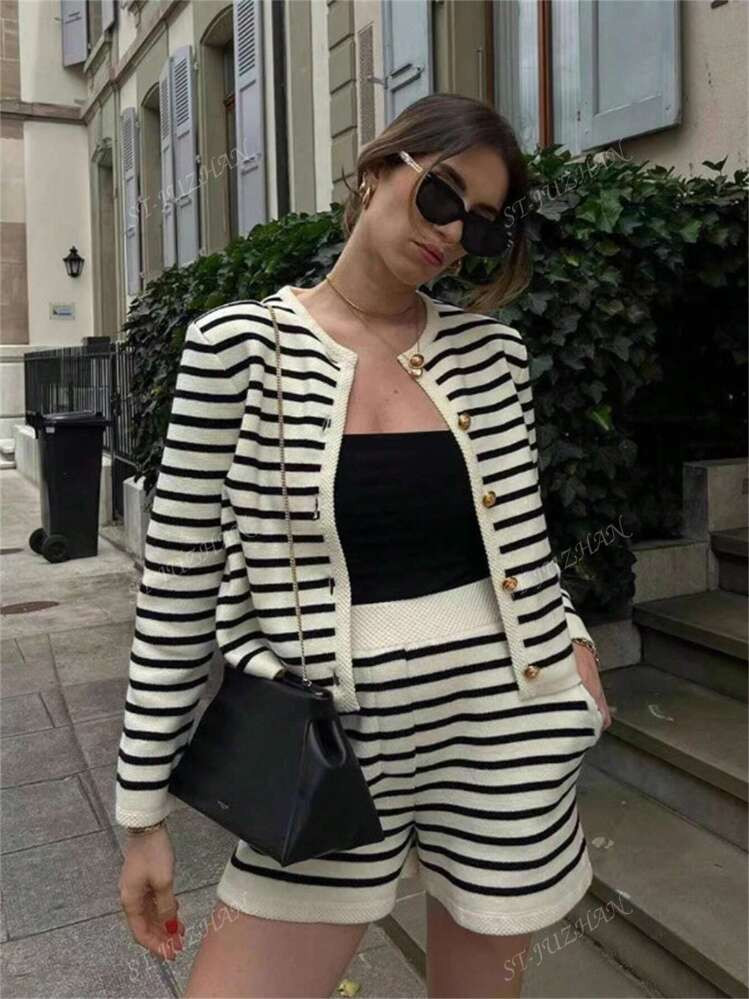 2 Piezas/Conjunto De Cardigan De Punto A Rayas Y Shorts De Moda Para Mujer | SHEIN