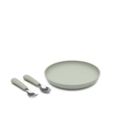 Lalo 3pc Silicone Toddler Plate + Utensils Mealtime Set - Sage: Non-Toxic, BPA-Free, Reusable | Target