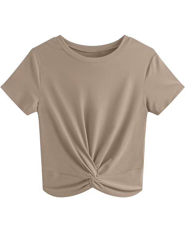 JINKESI Women's Summer Causal Short Sleeve Blouse Round Neck Crop Tops Twist Front Tee T-Shirt | Amazon (US)