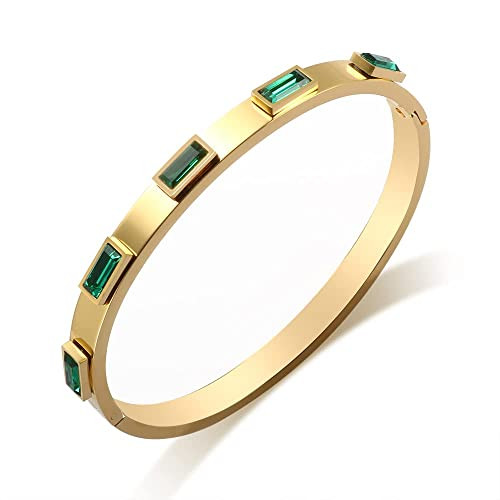 JINHUI Gold Bangles Bracelets for Women, 18K Gold Plated Green Emerald Birthstone Women’s Bangle Bracelets 6.7” Elegant Vintage Casual Gift | Amazon (US)