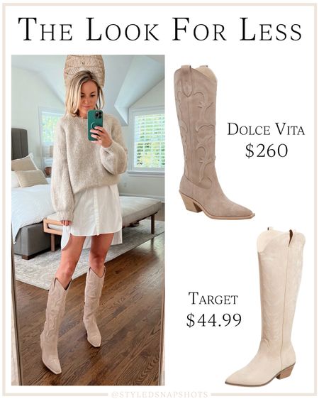 The look for less : Western Boots

•wearing my normal size with a thin sock, but definitely size up if between sizes or wearing with thicker socks 
•shirt dress old, linked similar 
•Sweater, size small 

fall style, fall outfit, concert outfit 

#LTKSeasonal #LTKstyletip
