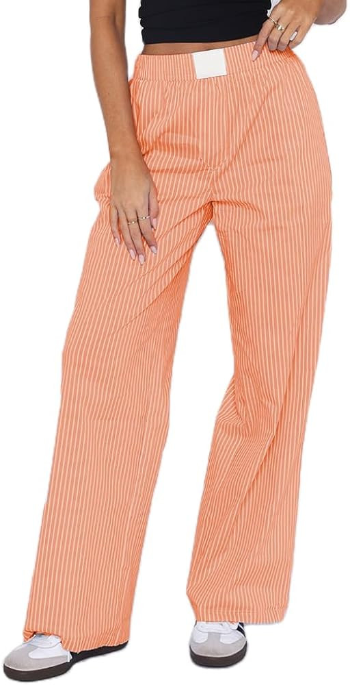 Muineobuka Women Y2K Striped Pants Elastic Waist Wide Leg Casual Trousers Gingham Print Straight ... | Amazon (US)