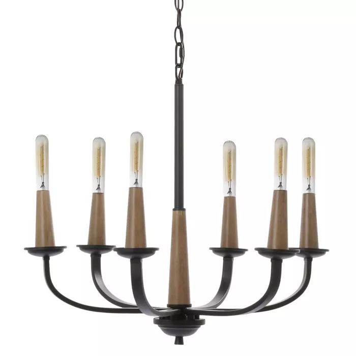 6 Light Rotterdam Metal and Wood Effect Pendant Black and Wood - Decor Therapy | Target