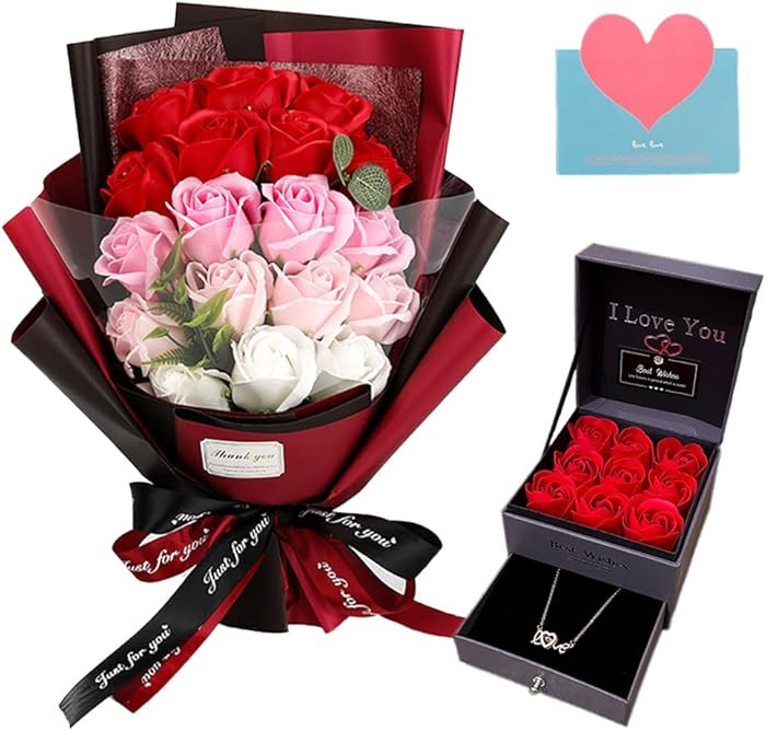 EIGHTOWN Roses Bouquet Artificial Flower - Preserved Red Rose Flowers with Love Necklace for Her ... | Amazon (US)