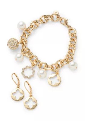 Quatrefoil Pearl Drop Charm Bracelet and Earrings Set | Belk