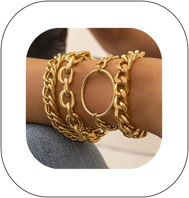 Asphire Punk Cuban Link Chain Bracelets set 4pcs Stacking Chunky Diamond-cut Chain Bangle Boho Wr... | Amazon (US)