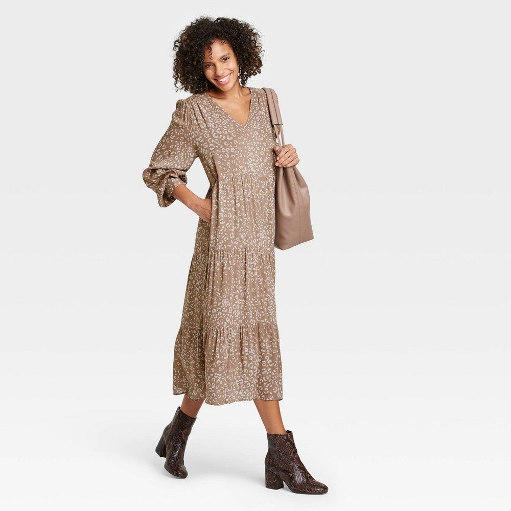 Women's Long Sleeve Tiered Dress - A New Day Brown Leopard S | Target