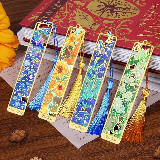 4pcs Metal Bookmarks with Tassel, Golden Van Gogh Monet Oil Painting Theme Cute Book Markers for ... | Amazon (US)