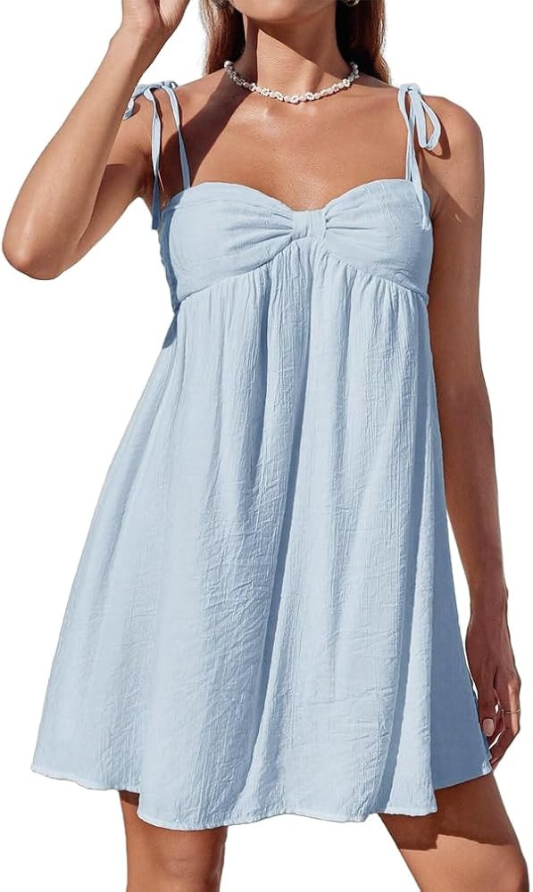 Women Sexy Tie Shoulder Cami Dress Casual Loose Sleeveless Backless Spaghetti Strap Ruched Layere... | Amazon (US)