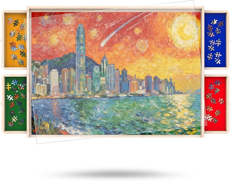 Puzzle Board with Drawers Rotatable 360-Degree Wheels and Cover 30" x 22" 1000 Piece Wooden Jigsa... | Amazon (US)