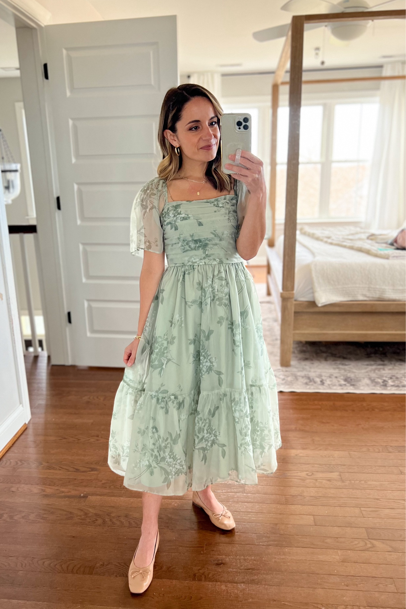 slim fit dress slacks Victoria Solid Green Angel Sleeve Mesh Midi Dress – Scarlett & Jo main image 0