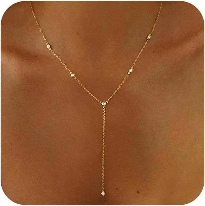 Lariat Necklace for Women，Dainty Gold Long Necklaces 14k Gold Plated CZ Lips Bead Y-Shaped Drop... | Amazon (US)