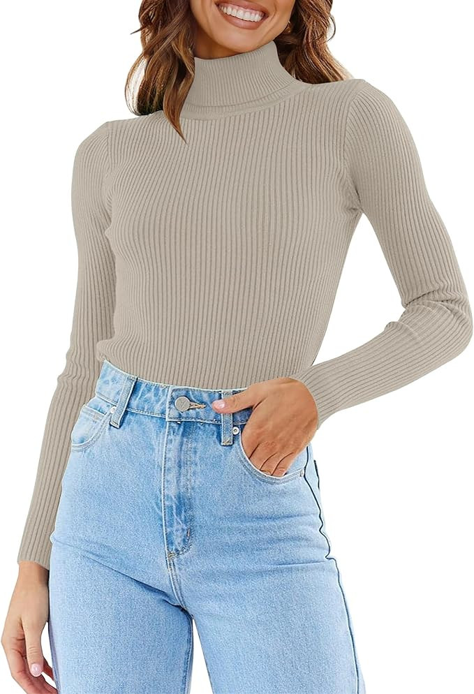 ZESICA Women's 2024 Turtleneck Long Sleeve Shirts Spring Fall Basic Tops Slim Fitted Ribbed Knit ... | Amazon (US)