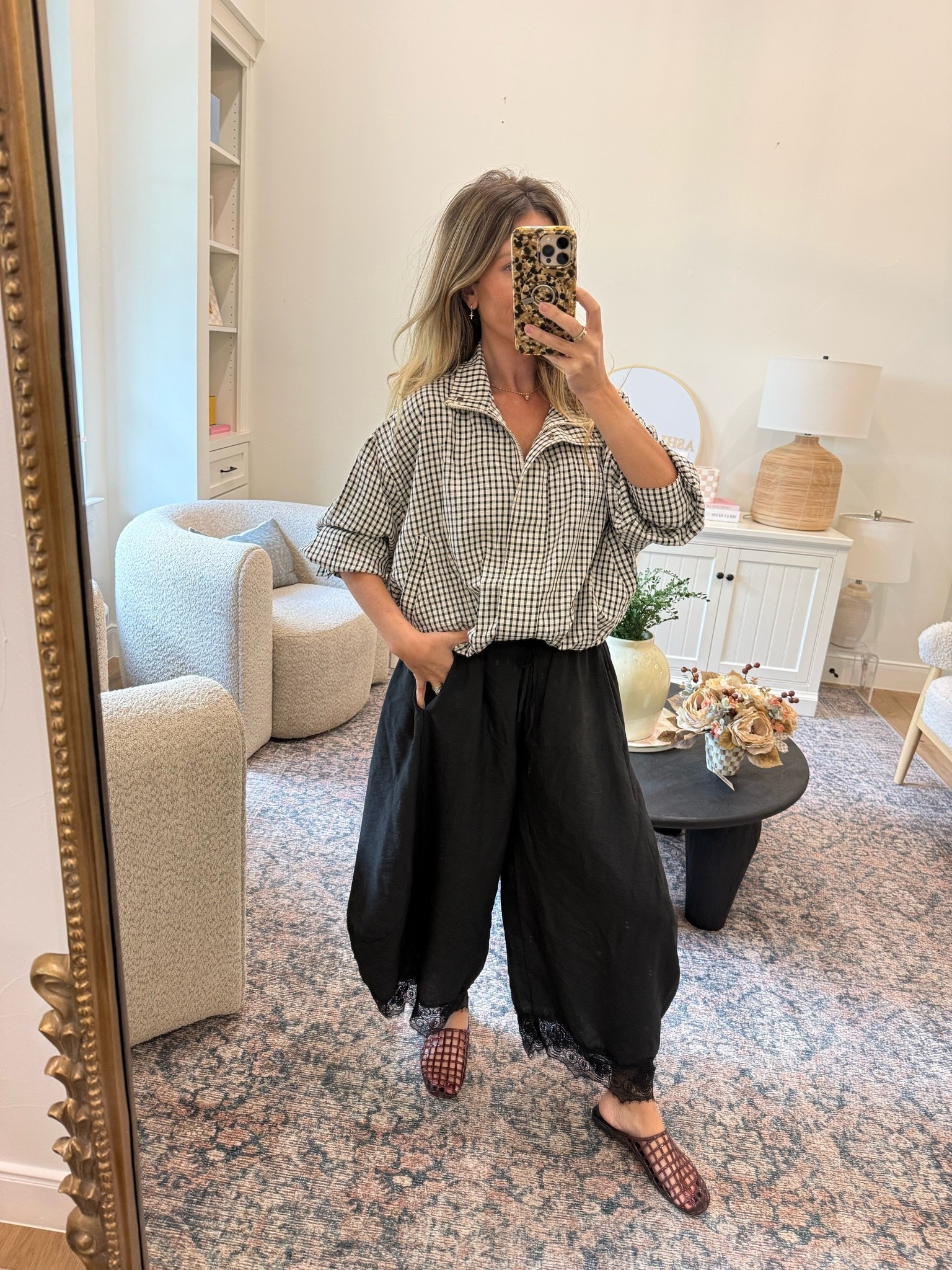 Today’s outfit! 
Found a look for less plaid jacket on Amazon similar to the Zara one I shared and it’s so good!! 
Ray ban meta sunglasses 🕶️ 
Electric picks jewelry
Amazon satin lace pants 
Jelly sandals

#LTKOver40 #LTKPetite #LTKootd