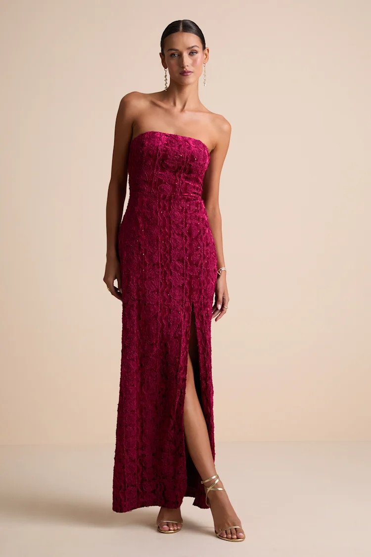 Chic Grace Burgundy Velvet Floral Applique Strapless Maxi Dress | Lulus