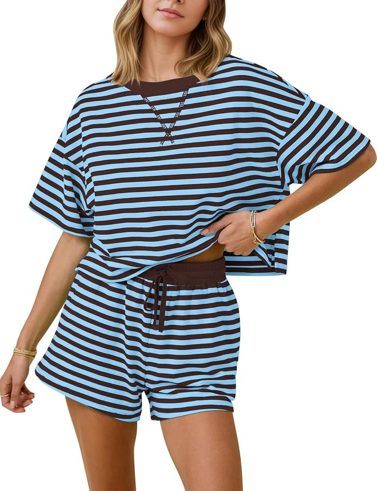 Dsewpaur Women\u2019s Striped 2 Piece Outfits Summer Short Sets Oversized Lounge Sets Casual Matc... | Amazon (US)