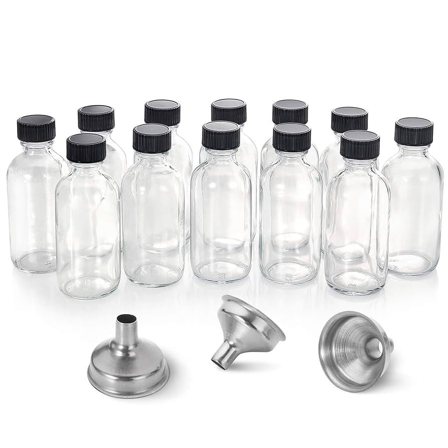AOZITA 12 Pack, 2 oz Small Clear Glass Bottles w/Lid & 3 Funnels - 60ml Boston Shot Bottles for H... | Amazon (US)