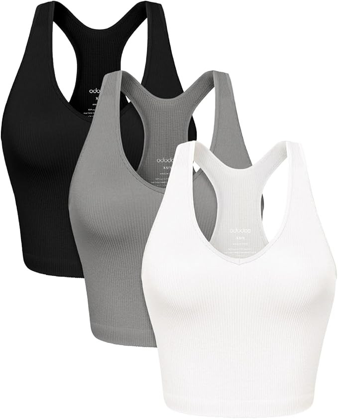 ODODOS 3-Pack Seamless Racerback Crop Tank for Women Ribbed Knit Soft Crop Tops | Amazon (US)